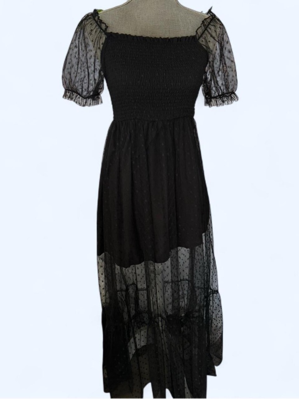 Black Smocked Maxi Dress with Sheer Puff Sleeves